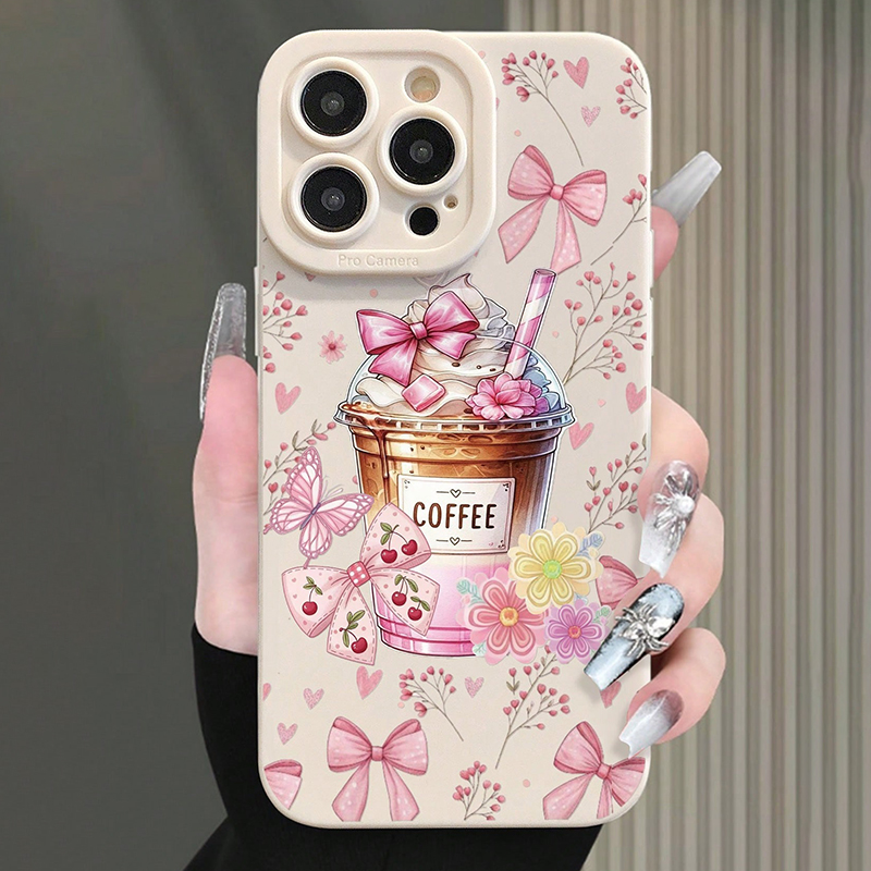 Coffee Plus Tea - Rosa Schleife Kaffee-Muster Milchtee-Print Handyhülle für