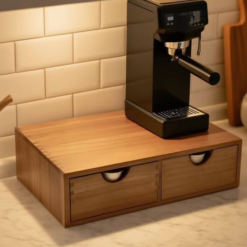 Coffee Tea Drawer Organizer - Minimalistische Kaffeemaschinenbasis aus Massivholz mit doppelter