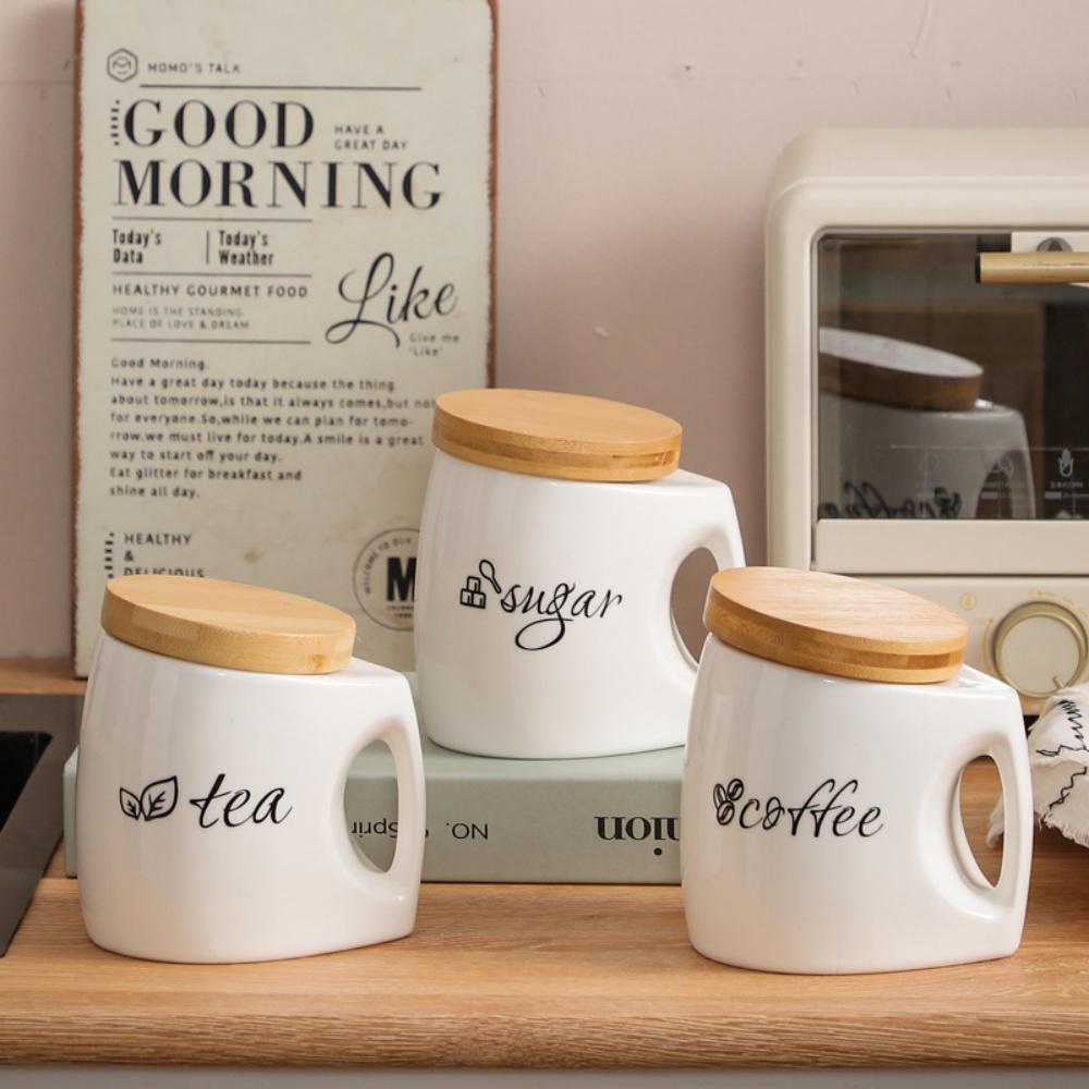 Canister Coffee Sugar Tea - Keramik-Vorratsdose mit Bambusdeckel & Griff -