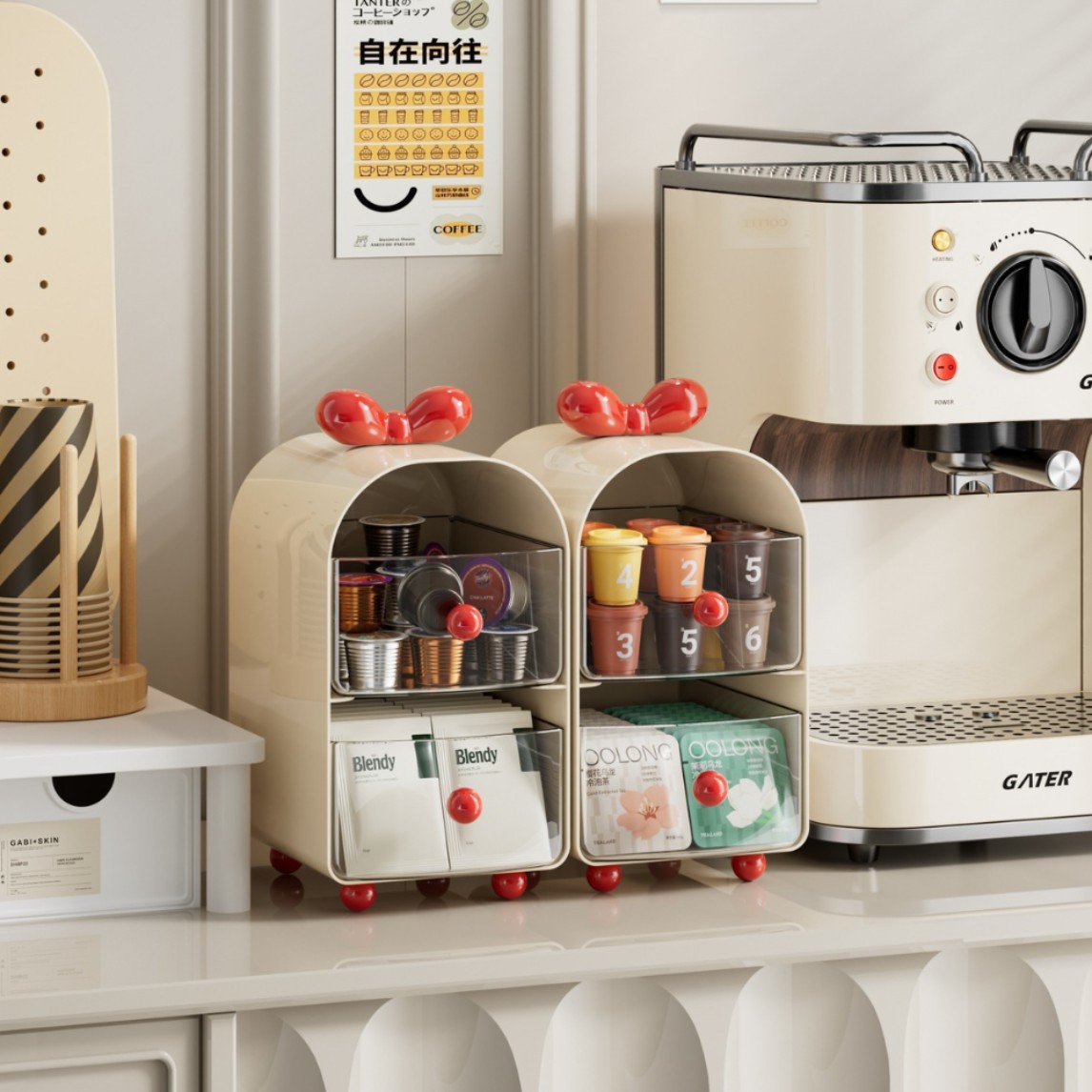 Coffee Tea Drawer Organizer - Cremefarbener Kaffeekapsel-Organizer, 2-stöckige Schubladenbox für Teebeutel,