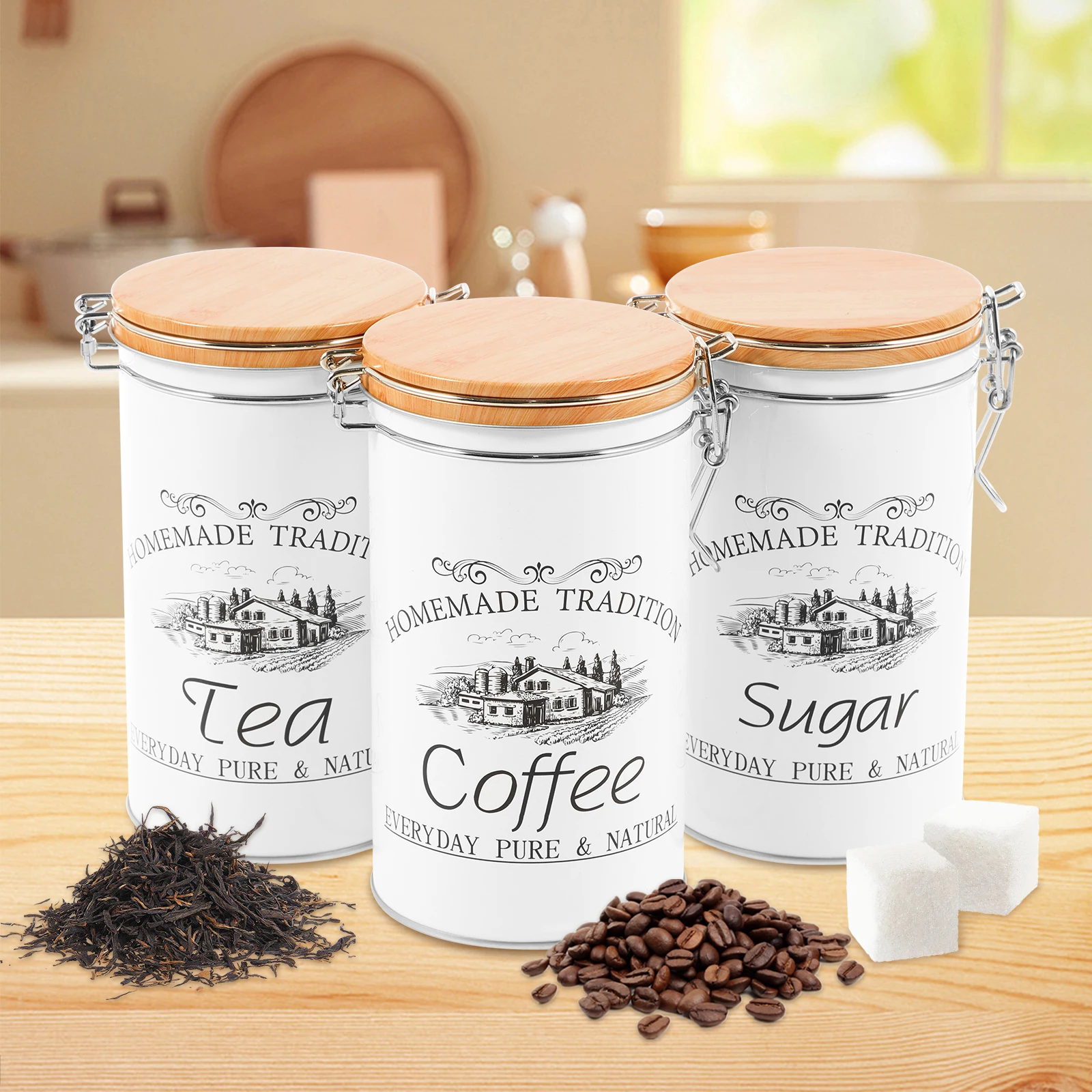 Canister Coffee Sugar Tea - 3-teiliges Set Tee-Kaffee-Zucker-Dosen Metall-Kaffeebohnen-Aufbewahrungsgläser Vielseitige Tee-Kaffee-Zucker-Behälter